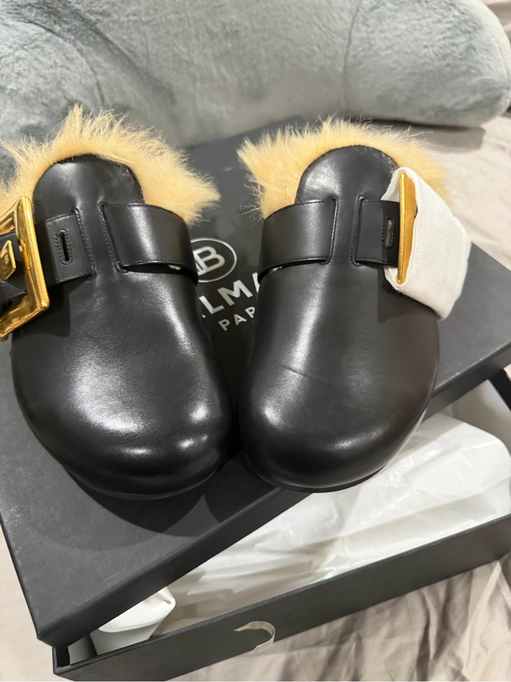Balmain Black Leather Mules with Yellow Fur and Gold Buckle